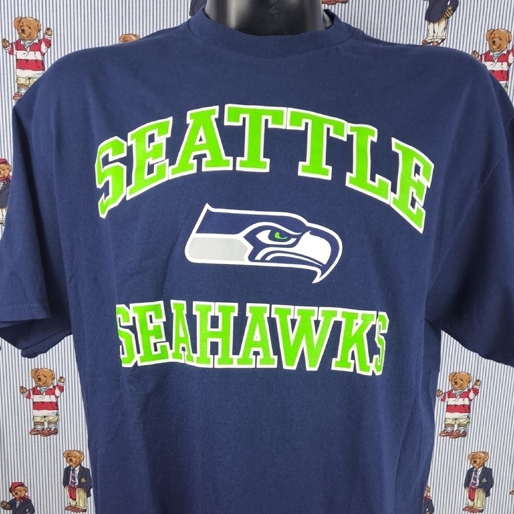 Seattle Seahawks Majestic logo spell out graphic blue & green 2015 XL t-shirt